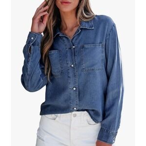Sidefeel Womens Medium Wash Denim Chambray Button Down Shirt Long Sleeve Size M